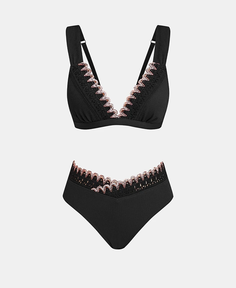 Women's Deep V-Neck Stitching Back Hook Bikini Sets