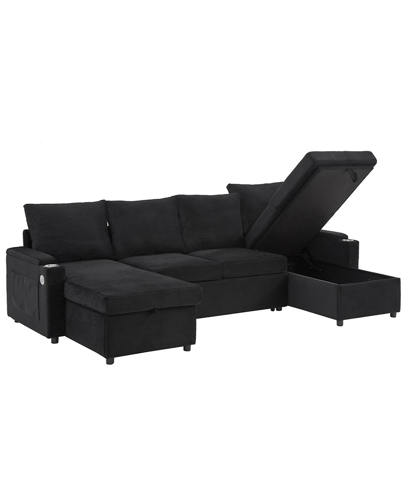 Streamdale Furniture Convertible U-Shaped Sectional Sofa with Storage, Cup Holders & Usb Ports, Black