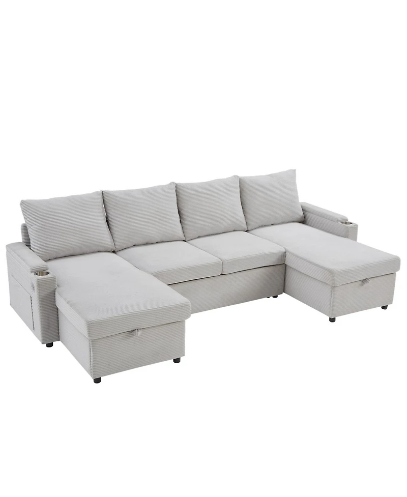 Streamdale Furniture Convertible U-Shaped Sectional Sofa with Storage, Cup Holders & Usb Ports, Black