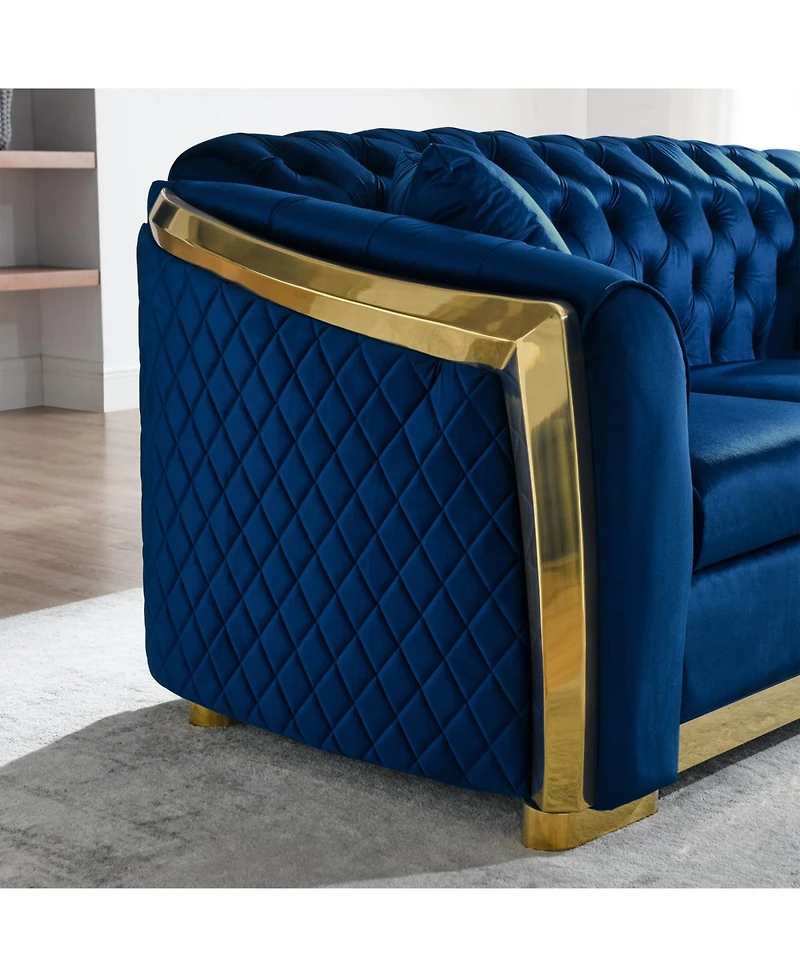Streamdale Luxury Velvet Chesterfield Sofa Set, Tufted 3 Seat Couch with Gold Stainless, Navy Blue