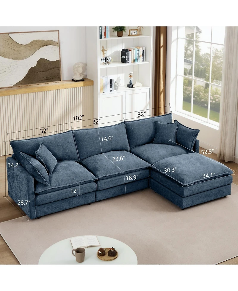 Streamdale Furniture Modular Sectional Sofa, 102 Inch L-Shaped Couch Set, 3-Seater Comfy Cloud Couch with Ottoman, Blue