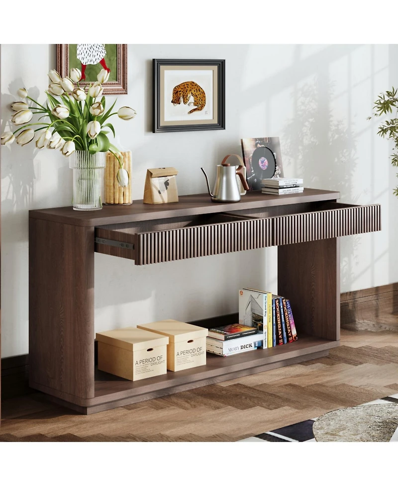Streamdale Furniture Streamdale 60" Modern 2-Drawer Fluted Console Table - Walnut