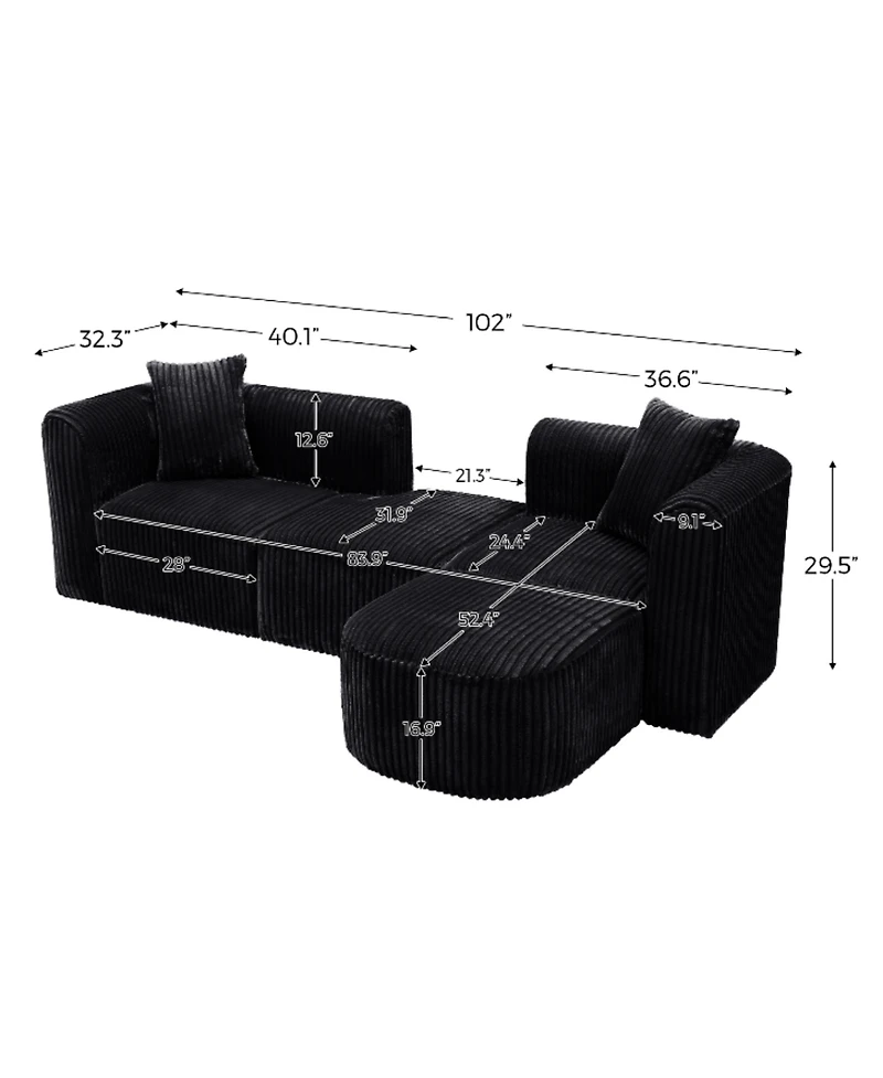 Streamdale Furniture Luxury Modern Curved Corduroy Sectional Sofa, Minimalist Comfy Fluffy Couches, Black