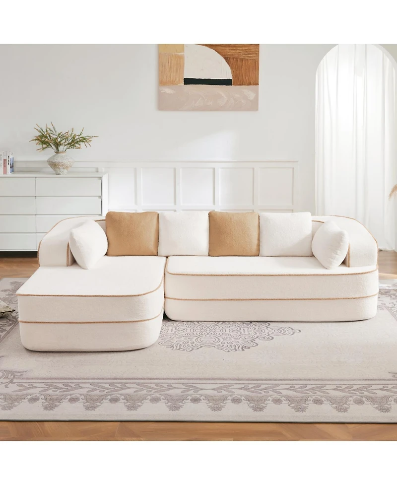 Streamdale White L-Shaped Teddy Fabric Sofa with Chaise - No Assembly Required