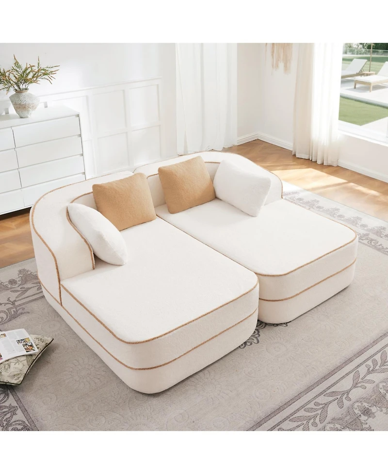 Streamdale Furniture White Teddy Fabric Boneless Sofa with Double Chaises and Contrast Color Design