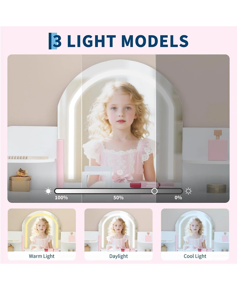 gaomon Kids Vanity with Lighted Mirror & Stool, Little Girls Vanity with Adjustable Led Light, Bookshelf