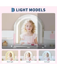 gaomon Kids Vanity with Lighted Mirror & Stool, Little Girls Vanity with Adjustable Led Light, Bookshelf