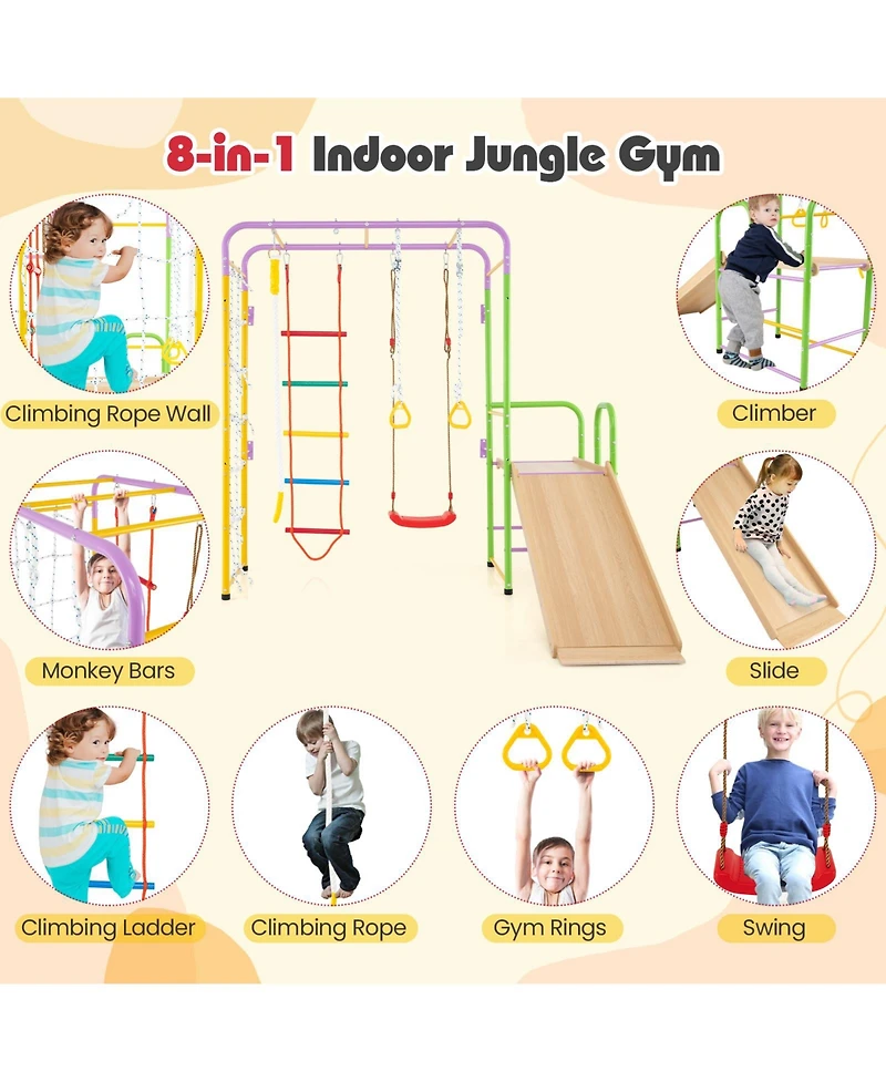 Hongge 8-in-1 Metal Indoor Jungle Gym Playset with Climbing Bars and Swing