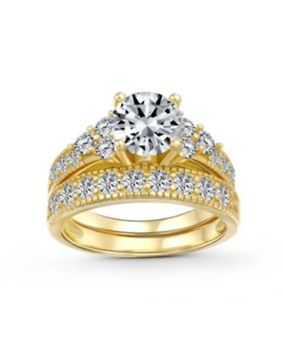 Bling Jewelry 3CT Round Solitaire Side Stones Pave Cz Cubic Zirconia Promise Band Ring Set Gold Plated Silver