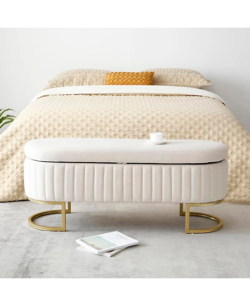 Streamdale Velvet Oval Upholstered Storage Bench with Golden Metal Legs, 50" Beige