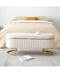 Streamdale Velvet Oval Upholstered Storage Bench with Golden Metal Legs, 50" Beige