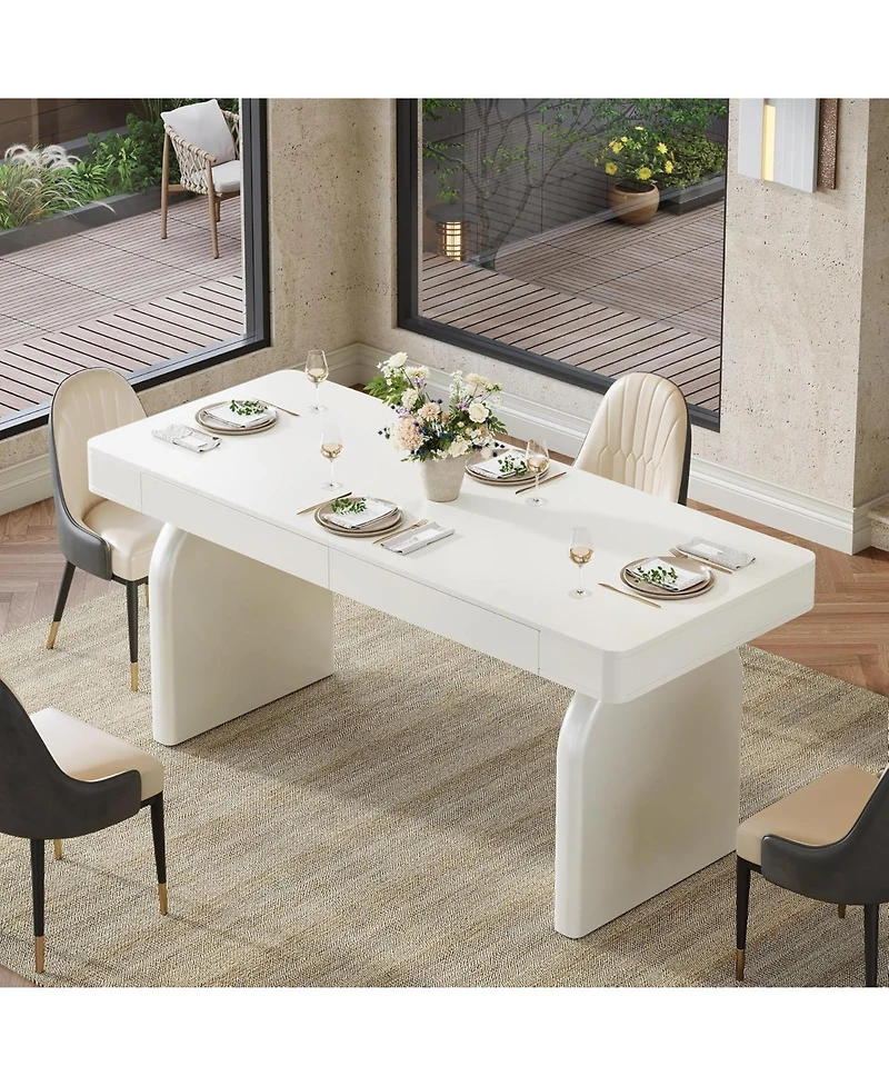 Tribesigns Modern Dining Table for 4-6 People, Rectangular White Glossy Kitchen Dining Room Table