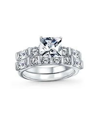 Bling Jewelry 2CT Square Cut Cz Cubic Zirconia Solitaire Promise Band Ring Set with Baguette Accents Sterling Silver