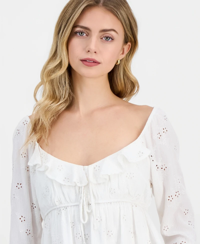 Madden Girl Juniors' Long-Sleeve Eyelet Woven Top