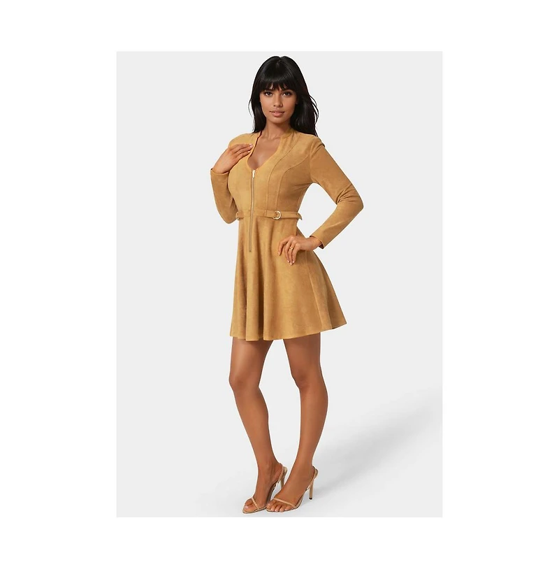 Bebe Women's Fit and Flare Long Sleeve Suede Mini Dress