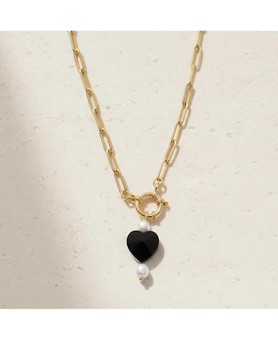 Joey Baby Gold Paperclip Chain Necklace with Black Heart and Freshwater Pearl Pendant