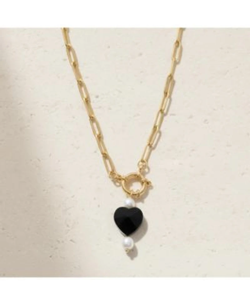 Joey Baby Gold Paperclip Chain Necklace With Black Heart Freshwater Pearl Pendant