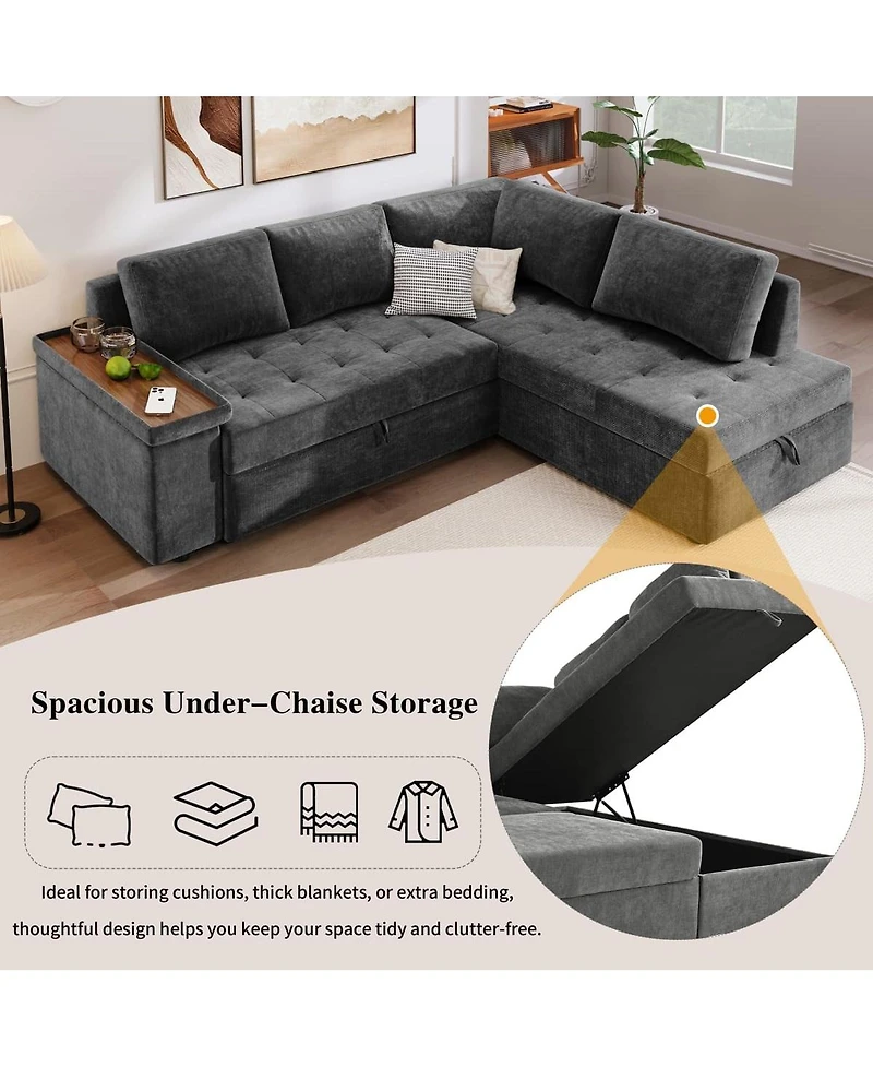 Maison Boucle 91.5" L-Shaped Sleeper Sofa with Pull-Out Bed, Chaise Storage, Tray Armrest & Side Pockets for Apartment or Living Room