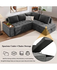 Maison Boucle 91.5" L-Shaped Sleeper Sofa with Pull-Out Bed, Chaise Storage, Tray Armrest & Side Pockets for Apartment or Living Room