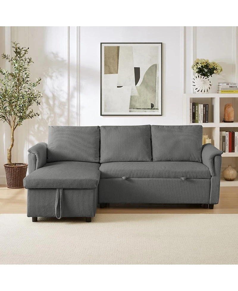 Maison Boucle 77.25" L-Shaped Corduroy Pull Out Sofa Bed with Chaise Storage, Tufted Modular Sleeper Couch Loveseat Adjustable Back