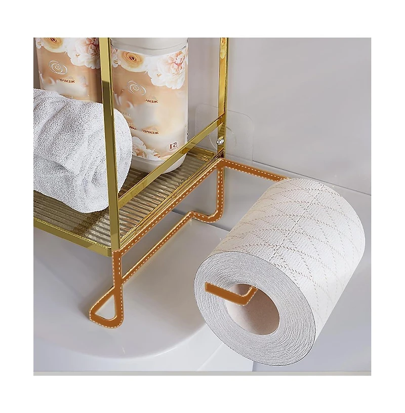 Gaomon 2-Tier Toilet Shelf w/ Paper Holder & Hooks, Metal Bathroom Organizer, Gold, 14.1"x6.3"x10.6"