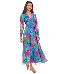 London Times Women's Shirred Surplice Bishop-Sleeve Maxi Dress