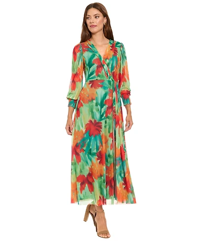 London Times Women's Shirred Surplice Bishop-Sleeve Maxi Dress