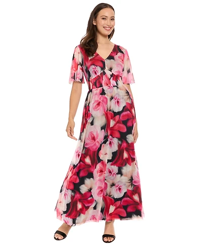 London Times Women's V-Neck Smocked Flutter-Sleeve Maxi Dress