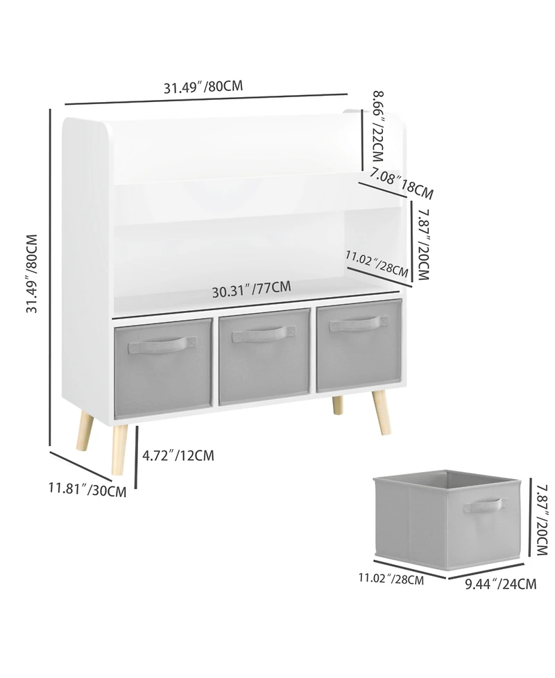 Streamdale Furniture Streamdale Kids Bookshelf with 3 Fabric Bins - White & Gray