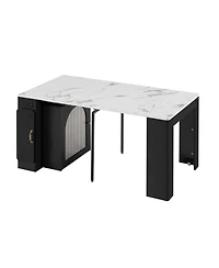 Streamdale Furniture Extendable Dining Table with 3 Leaves & Rolling Island (Black/Marble White)