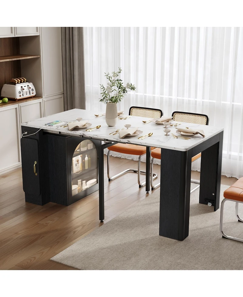 Streamdale Furniture Extendable Dining Table with 3 Leaves & Rolling Island (Black/Marble White)