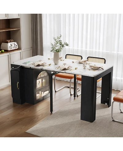 Streamdale Furniture Extendable Dining Table with 3 Leaves & Rolling Island (Black/Marble White)