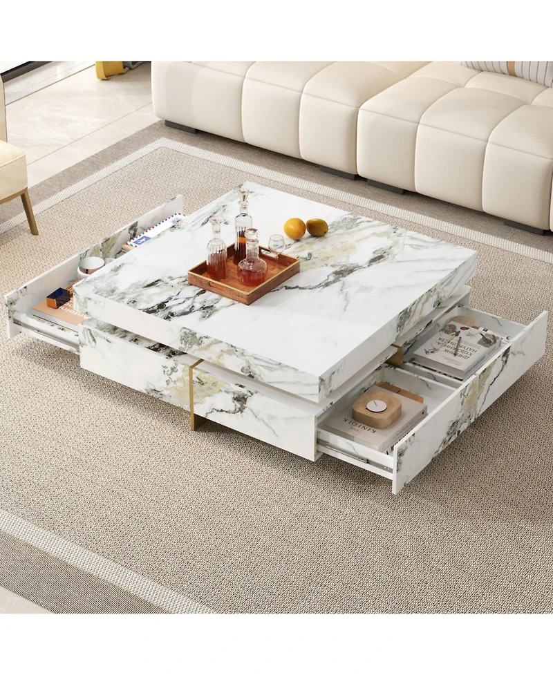 Streamdale Furniture Modern Marble Coffee Table with 4 Drawers, White, 43.3
