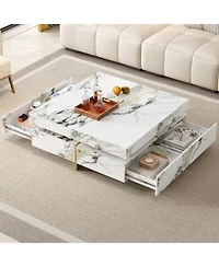 Streamdale Furniture Modern Marble Coffee Table with 4 Drawers, White, 43.3