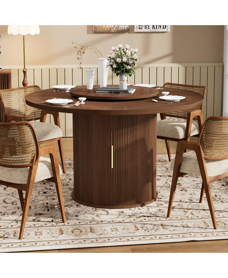 Streamdale Furniture 55" Round Dining Table for Six with Storage & Rotating Tray (Walnut)