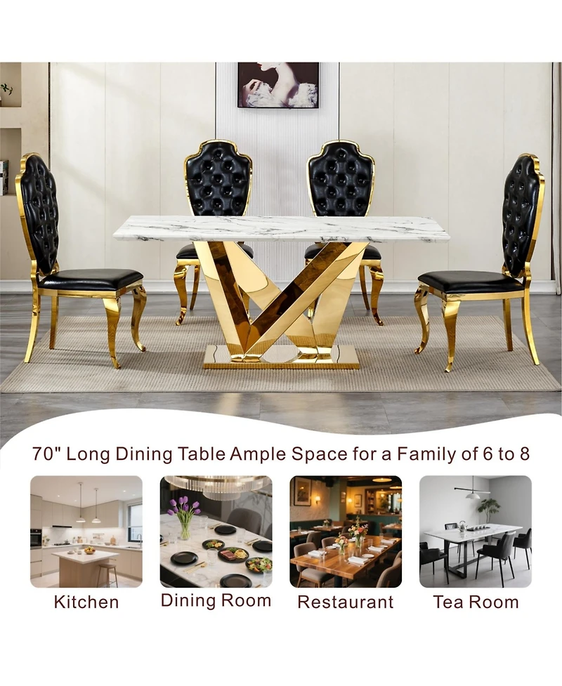 Streamdale Furniture Marble Dining Table for 6, 70" Faux Marble Rectangle Table with Gold Stainless Steel Base