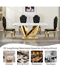 Streamdale Furniture Marble Dining Table for 6, 70" Faux Marble Rectangle Table with Gold Stainless Steel Base