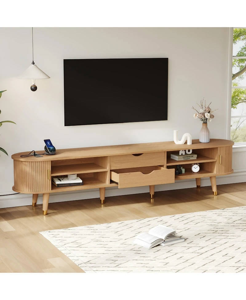 Streamdale Furniture Wooden Oval Fluted Tv Stand with Charging Station & Sliding Door (Up to 80