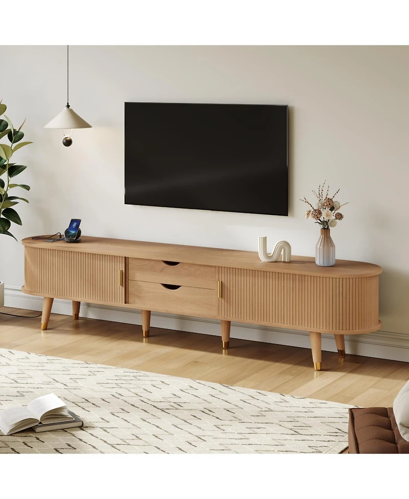 Streamdale Furniture Wooden Oval Fluted Tv Stand with Charging Station & Sliding Door (Up to 80