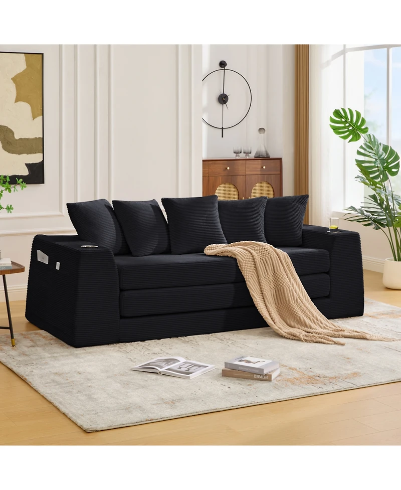 Streamdale Furniture Corduroy Convertible Sofa Bed with 5 Pillows, Black