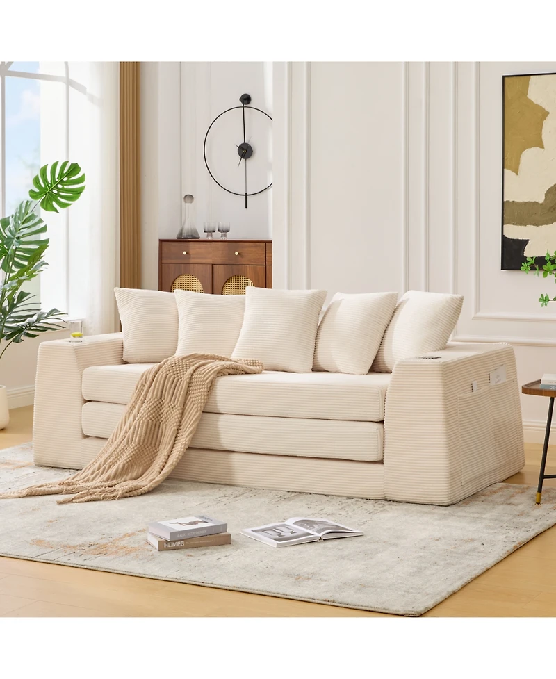 Streamdale Furniture Streamdale Corduroy Convertible Sofa Bed with 5 Pillows, No Assembly, Side Pocket