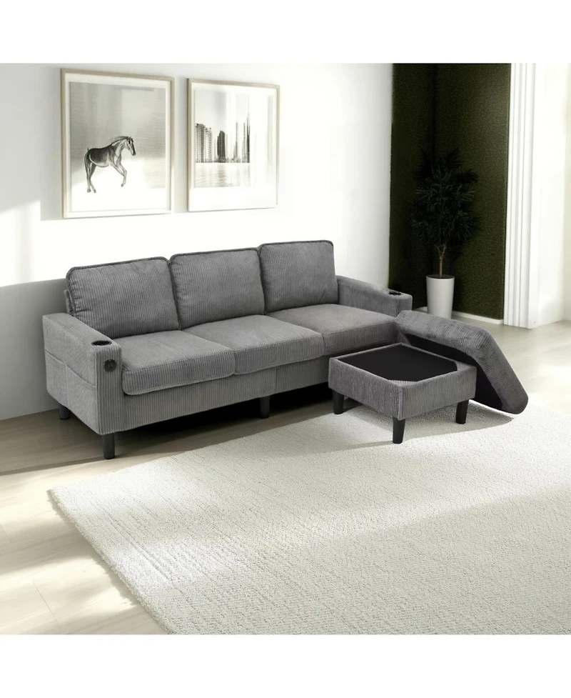 Streamdale Furniture Streamdale Light grey 3-seat combo sofa with storage ottoman, L-shaped sectional couch