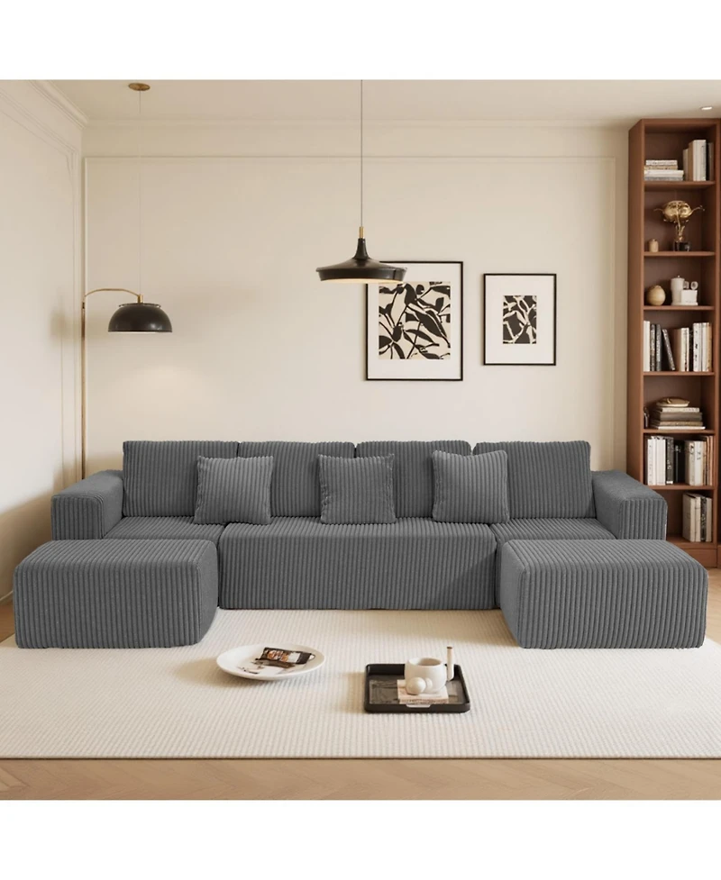 Streamdale Furniture Streamdale Modular U-Shaped 4-Seater Sofa, 132-inch, Reversible Chaise, Gray Corduroy