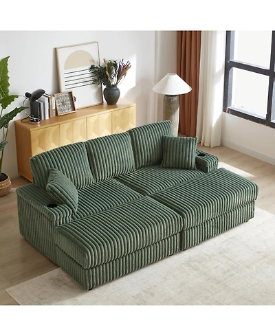 Streamdale Furniture Streamdale 84Inch Corduroy 3-Seater Sofa with Pillows, Ottomans, Storage & Cup Holders