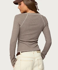 Edikted Women's Ensley Contrast Stitch Henley Top