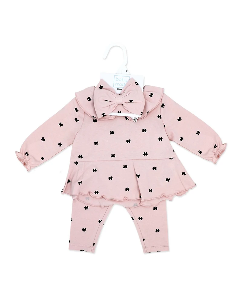 Baby Mode Girls' Tiny Bows Print Top, Leggings and Headband, 3-Piece Set