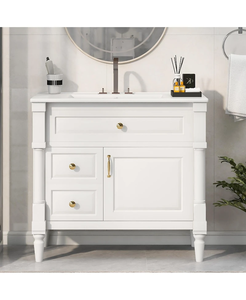 Casainc Bathroom Vanity with Ceramic Sink Flip Drawer Adjustable Shelf