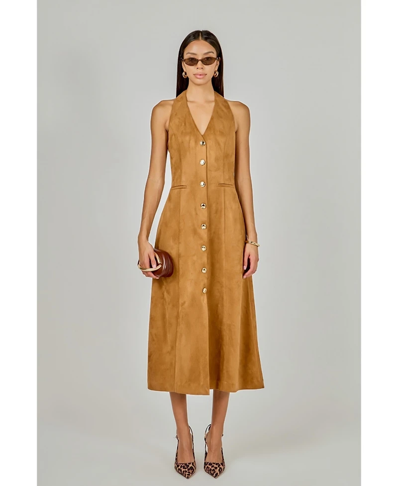 endless rose Women's Suede Fitted Midi Dress