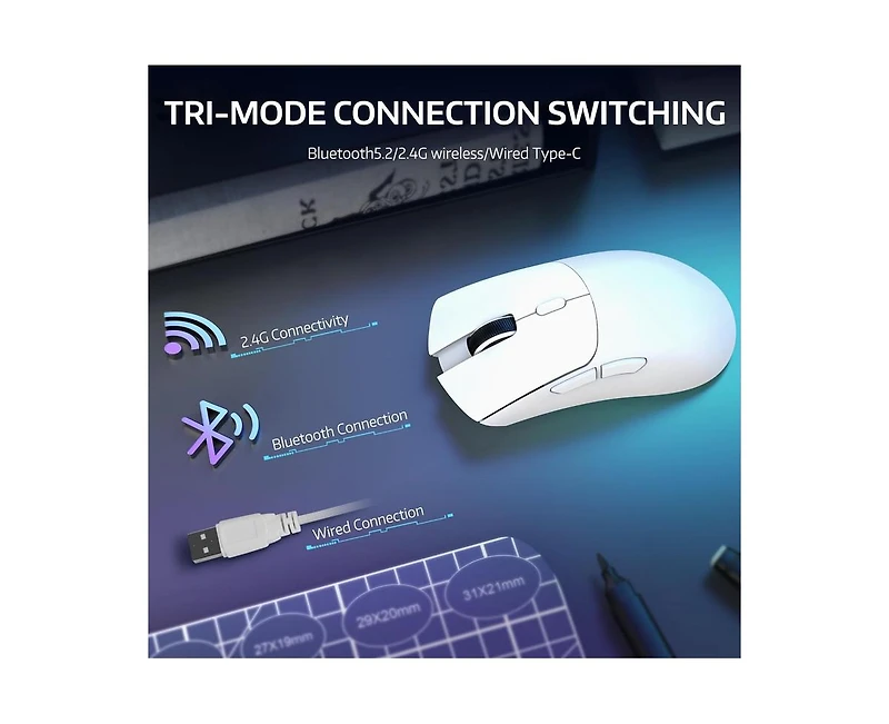 risokeys Wireless Mouse, Tri-Mode Connection (2.4G/Wired/BT5.2), 55g Lightweight, 18K Dpi Optical Sensor, 20 Million Key Life, Ergonomic Design for Pc