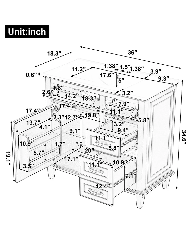 Casainc Freestanding Bathroom Vanity with Ceramic Sink Flip Drawers and Adjustable Shelf